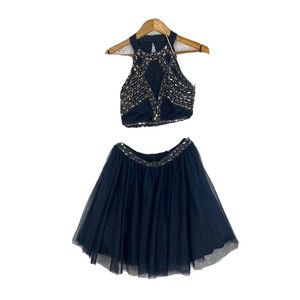 Blondie Nites by Stacy Sklar 2 Piece Set Halter Crop Top and Skirt Blue Sz 11